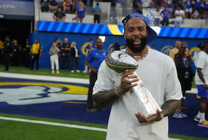 WR Odell Beckham Jr. holds the Vince Lombardi Trophy